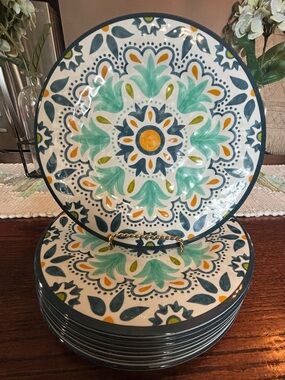 New Bobby Flay 4 Floral Medallion Melamine Dinner Plates 11” NWT